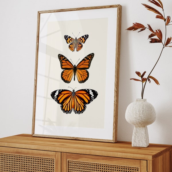 Monarch Butterfly Print, Minimalist Wall Art Prints, Orange Nature Print, Large Wall Decor, Printed Giclee