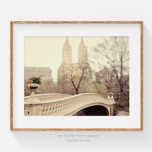 May include: A vintage-toned photograph of a white stone bridge in Central Park, New York City. The bridge is arched and has ornate details. In the background, tall buildings are blurred and out of focus. The trees are bare and the sky is a soft, muted color.