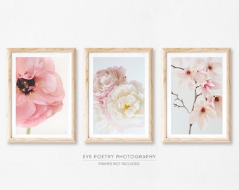 Pink Floral Triptych, Set of 3 Flower Wall Art, Nature Photography Print Set, Minimalist Botanical Prints