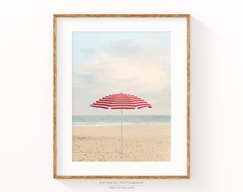 Red Umbrella on the Beach Print, Coastal Wall Art, Ocean Photography, California Coast, Beach Decor, Printed Art