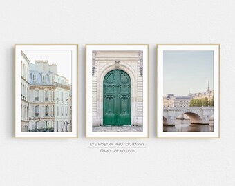 Paris Print Set of 3 Prints, Travel Photography, Paris Wall Art, Architecture Prints, Montmartre, Pont Neuf, Green Door