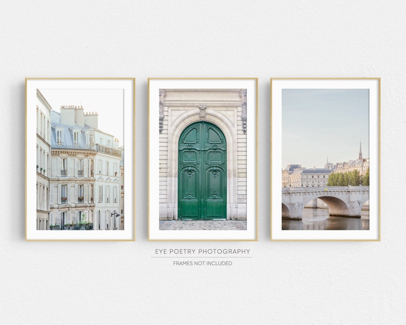 Paris Print Set of 3 Prints, Travel Photography, Paris Wall Art, Architecture Prints, Montmartre, Pont Neuf, Green Door image 1