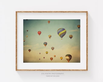 Hot Air Balloons Print, Colorful Nursery Prints, Kids Wall Art, Nursery Decor, Pastel Art, Blue Sky "Floating in Space"