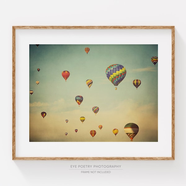 Hot Air Balloons Print, Colorful Nursery Prints, Kids Wall Art, Nursery Decor, Pastel Art, Blue Sky "Floating in Space"