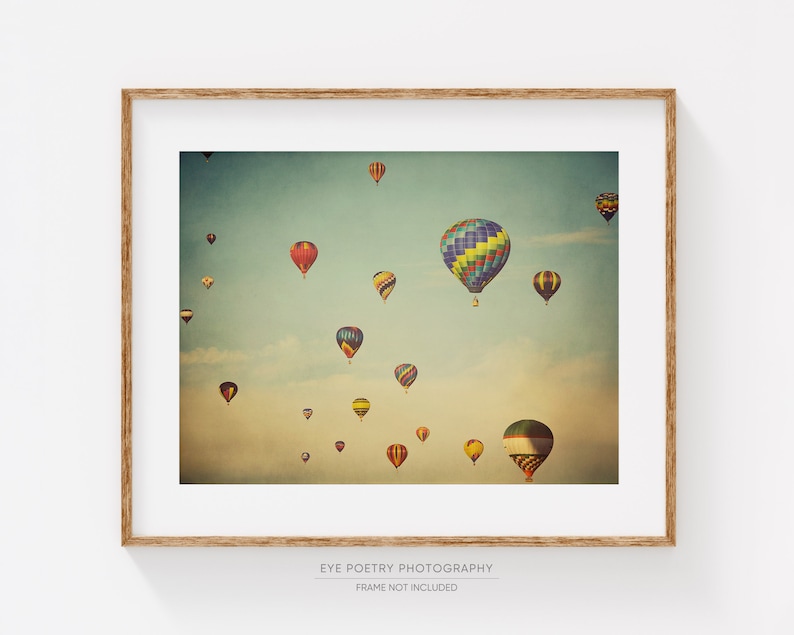 Hot Air Balloons Print, Colorful Nursery Prints, Kids Wall Art, Nursery Decor, Pastel Art, Blue Sky Floating in Space image 1