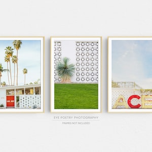 May include: Three framed prints of mid-century modern architecture in Palm Springs, California. The first print shows a white house with a red door and palm trees. The second print shows a white wall with a geometric pattern and a yucca plant. The third print shows a vintage sign that reads "ACE" in red and yellow letters.
