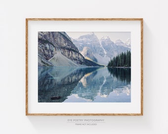 Moraine Lake Photograph, Mountain Print, Hygge Decor, Nordic Print, Rustic Alpine Landscape Photography Print, Blue Wall Art Print