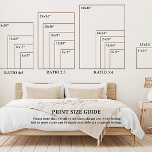 Pu&ograve; includere: Una guida alle dimensioni di stampa con diverse dimensioni e proporzioni per le stampe. La guida mostra dimensioni che vanno da 8x10 pollici a 30x40 pollici. Il testo "PRINT SIZE GUIDE" &egrave; nella parte inferiore dell'immagine. Il testo "Si prega di notare che non tutte le dimensioni mostrate sono nell'elenco, ma nella maggior parte dei casi possono essere rese disponibili tramite un elenco personalizzato." &egrave; sotto il titolo.