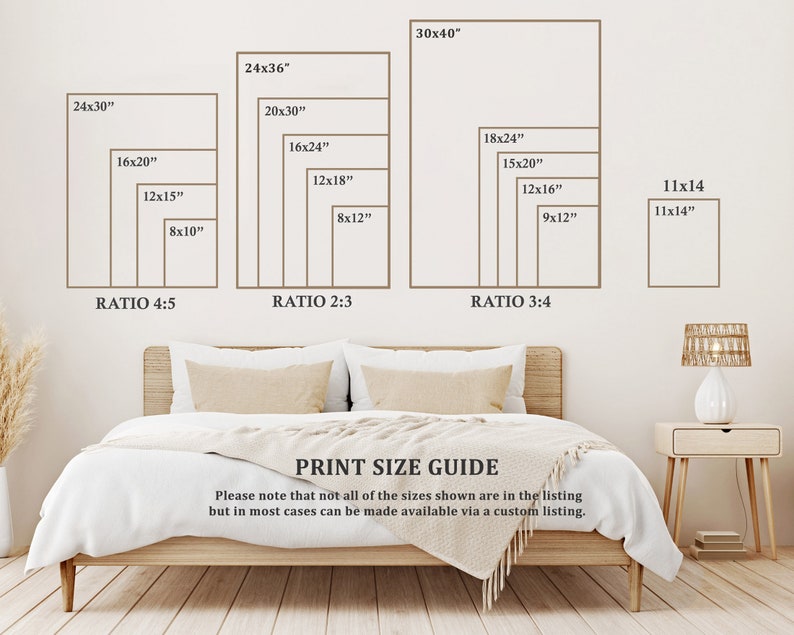 Pu&ograve; includere: Una guida alle dimensioni di stampa con diverse dimensioni e proporzioni per le stampe. La guida mostra dimensioni che vanno da 8x10 pollici a 30x40 pollici. Il testo "PRINT SIZE GUIDE" &egrave; nella parte inferiore dell'immagine. Il testo "Si prega di notare che non tutte le dimensioni mostrate sono nell'elenco, ma nella maggior parte dei casi possono essere rese disponibili tramite un elenco personalizzato." &egrave; sotto il titolo.