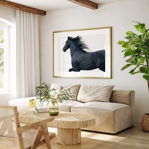 May include: A black horse with a flowing mane runs across a white background in a framed print. The print is hanging on a white wall in a living room setting with a beige sofa and a wooden coffee table.
