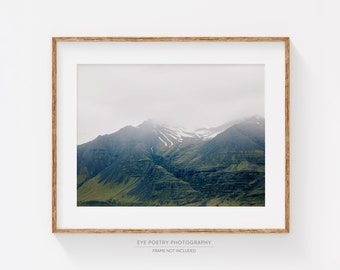 Iceland Photography, Foggy Mountain Print, Rustic Landscape Photography Print, Hygge Nordic Print, Green Wall Art, Nature Photography