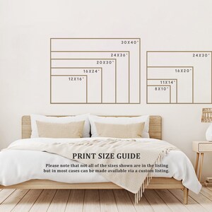 May include: A print size guide with different sizes listed in inches. The sizes range from 8x10 inches to 30x40 inches. The text reads "Print Size Guide. Please note that not all of the sizes shown are in the listing but in most cases can be made available via a custom listing."