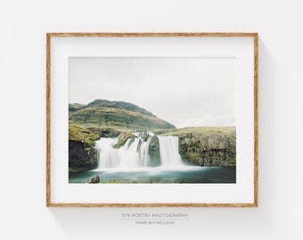 Waterfall Photograph, Iceland Landscape Photography Print, Nordic Print, Wall Art Print, Green Wall Decor, Nature Photography