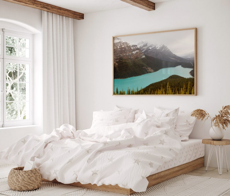 May include: A white bed with a white duvet cover and white pillowcases. The duvet cover has a subtle star pattern. The bed is in a bedroom with a large window and a framed photograph of a mountain lake.