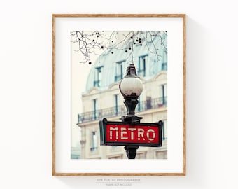 Paris Print, Metro Sign, Red, Paris Photography Print, Romantic Travel Photography "Dans Le Metro"