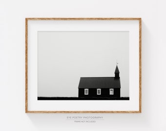 Iceland Landscape Photography, Modern Farmhouse Decor, Budir Chapel Photo, Black and White Print, Minimalist Wall Art