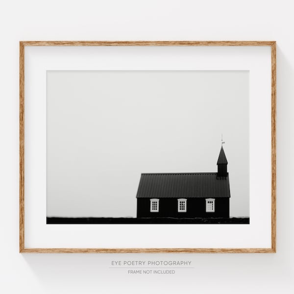 Iceland Landscape Photography, Modern Farmhouse Decor, Budir Chapel Photo, Black and White Print, Minimalist Wall Art