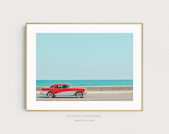 Havana Cuba Photography Print, Red Classic Car on The Malecon, Minimalist Travel Wall Art