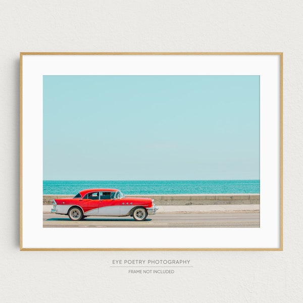 Havana Cuba Photography Print, Red Classic Car on The Malecon, Minimalist Travel Wall Art