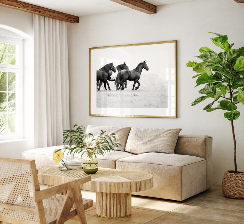 May include: A black and white photograph of a group of black horses running through a field. The photograph is framed in a gold frame and hanging on a white wall above a beige sofa.