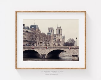 Notre Dame Paris Photography, Beige Art Print, Seine Bridge, Paris Architecture Print "The Invention of Paris"