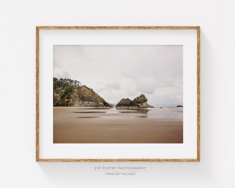 May include: A framed photograph of a beach scene with two rocky outcroppings and a cloudy sky. The sand is wet and the water is calm.