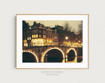 Amsterdam Print, Large Wall Art, Travel Photography, Canal Lights, Black and Gold Art Print, Fine Art Photography "Night Bridge"