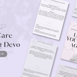 May include: A collection of self-care morning devotional cards with the text "Self Care Morning Devo" and "Love Yourself Again." The cards are white with a soft purple background and heart-shaped designs.