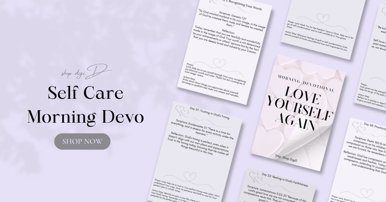 K&ouml;nnte beinhalten: Eine Sammlung von Morgenandachtskarten zur Selbstpflege mit dem Text "Self Care Morning Devo" und "Love Yourself Again". Die Karten sind wei&szlig; mit einem weichen lila Hintergrund und herzf&ouml;rmigen Designs.