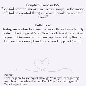 K&ouml;nnte beinhalten: Eine hellviolette Seite mit dem Text "Tag 1: Deinen Wert erkennen" und einem Schriftzitat aus Genesis 1:27. Die Seite enth&auml;lt eine Reflexion, ein Gebet und einen Handlungsschritt, der Selbstwertsch&auml;tzung und die Anerkennung des inneren Wertes f&ouml;rdert.