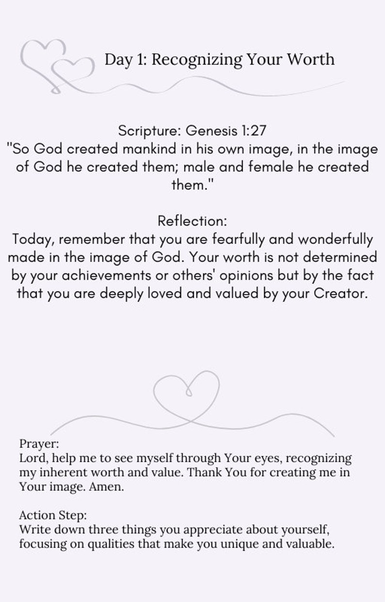 K&ouml;nnte beinhalten: Eine hellviolette Seite mit dem Text "Tag 1: Deinen Wert erkennen" und einem Schriftzitat aus Genesis 1:27. Die Seite enth&auml;lt eine Reflexion, ein Gebet und einen Handlungsschritt, der Selbstwertsch&auml;tzung und die Anerkennung des inneren Wertes f&ouml;rdert.