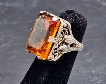 Antique Art Deco Large Citrine Sterling Silver Filigree Pinky Ring 7g SIZE 2.5