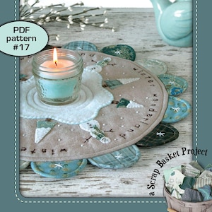 Könnte beinhalten: Ein winterliches Quilt-Bastelprojekt, "Winter Wonderland", mit einem Etikett für ein Scrap-Basket-Projekt. Das Projekt zeigt ein rundes, gestepptes Stück mit einem Schneemann, Bäumen und den gestickten Worten "Winter Wonderland". Eine türkisfarbene Kerze steht auf dem gesteppten Stück.