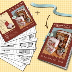 May include: A set of sewing patterns for a book pillow and pincushion. The patterns are printed on white paper and are folded in a stack. The pattern covers are red with white text that reads "Patchwork Pottery" and "Book Pillow & Pincushion".
