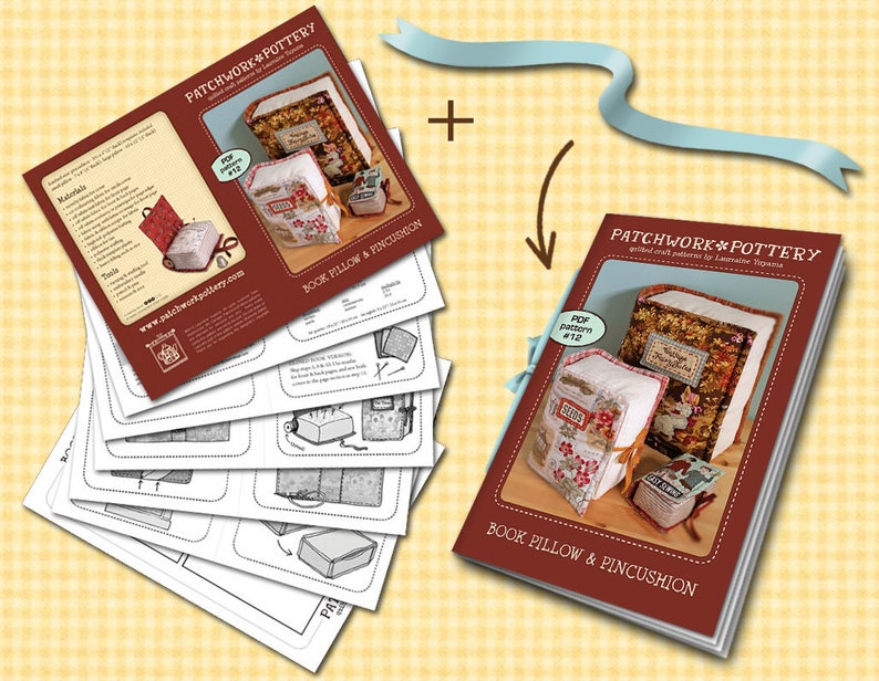 May include: A set of sewing patterns for a book pillow and pincushion. The patterns are printed on white paper and are folded in a stack. The pattern covers are red with white text that reads "Patchwork Pottery" and "Book Pillow & Pincushion".