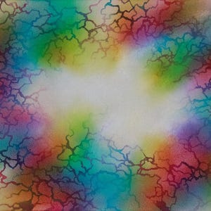 May include: Abstract painting with a white center surrounded by a colorful, cracked pattern in shades of blue, green, red, and purple.