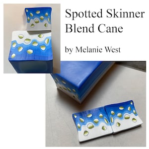 May include: A blue and white polymer clay cane with a spotted pattern. The cane is cut into squares and a rectangle. The text "Spotted Skinner Blend Cane by Melanie West" is visible in the image.