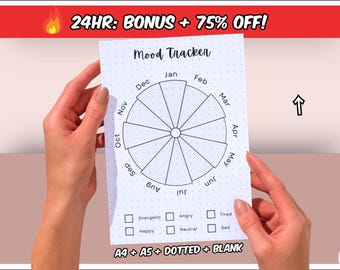 May include: A printable mood tracker with a dotted background. The tracker is a circle divided into 12 sections, each representing a month of the year. There are checkboxes for different moods, including energetic, happy, angry, neutral, tired, and sad. The text "A4 + A5 + DOTTED + BLANK" is at the bottom of the page.