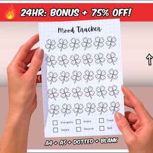 May include: A printable mood tracker with 30 four-leaf clover icons. The tracker includes options for energetic, happy, angry, neutral, tired, and sad.