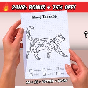 Pode incluir: Uma folha branca de rastreamento de humor com um design de gato geométrico. A folha inclui caixas de seleção para rastrear humores como enérgico, feliz, zangado, neutro, cansado e triste. O texto "Mood Tracker" está no topo. Disponível nos formatos A4, A5, pontilhado e em branco.