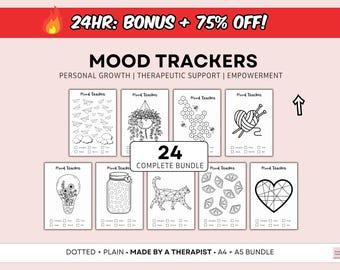 Mood Tracker Bundle - Journal Pages - Monthly Mood Tracker - Mood Journal Feelings Wheel Mood Chart Wellness Journal Therapy Journal Prompts