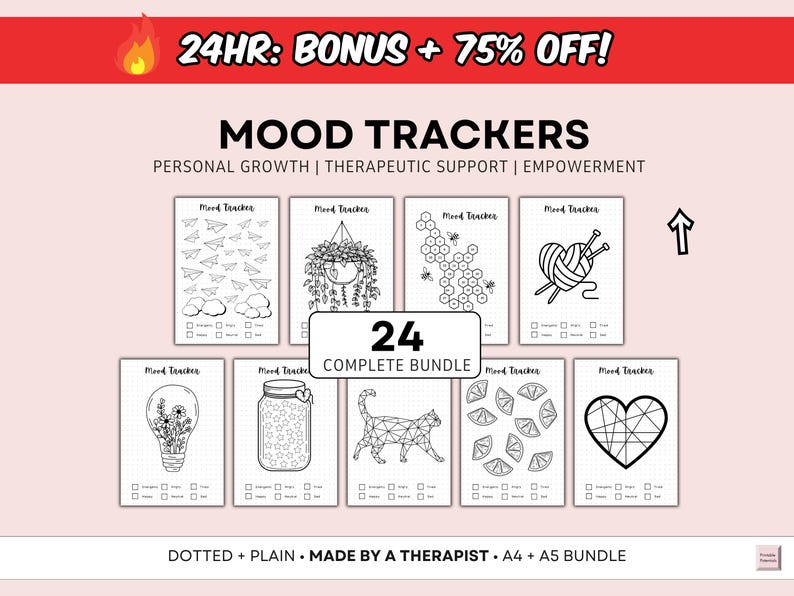 Mood Tracker Bundle - Journal Pages - Monthly Mood Tracker - Mood Journal Feelings Wheel Mood Chart Wellness Journal Therapy Journal Prompts