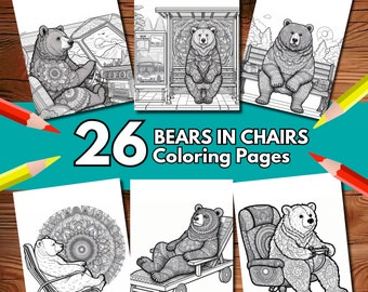 May include: A set of 26 colouring pages featuring bears sitting in various chairs. The bears are drawn in a detailed, intricate style with lots of patterns and designs. The chairs are also decorated with intricate patterns. The title "26 BEARS IN CHAIRS Colouring Pages" is displayed at the top of the image.