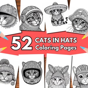 CATS IN HATS! | Printable Coloring Pages, Adult Coloring Book, Mindful Mandala Colouring Sheets. Digital Download, Printable Pdf File