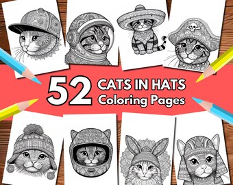 CATS IN HATS! | Printable Coloring Pages, Adult Coloring Book, Mindful Mandala Colouring Sheets. Digital Download, Printable Pdf File