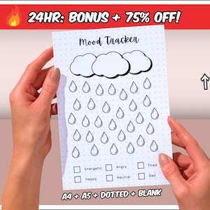 Puede incluir: Un rastreador de estado de ánimo imprimible con un diseño de nube de lluvia. El rastreador tiene 28 gotas de lluvia para colorear, que representan diferentes estados de ánimo. Los estados de ánimo están etiquetados: Enérgico, Feliz, Enojado, Neutral, Cansado y Triste. El imprimible está disponible en tamaños A4 y A5, con opciones de puntos y en blanco.