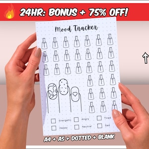 May include: A printable mood tracker with a dotted background. The tracker features a design of nail polish bottles and nail art. The text "Mood Tracker" is at the top of the page. There are checkboxes for "Energetic", "Happy", "Angry", "Neutral", "Tired", and "Sad". The text "A4 + AS + DOTTED + BLANK" is at the bottom of the page.