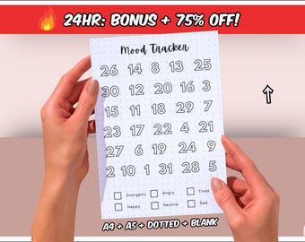 May include: A white printable mood tracker sheet with a dotted background. The sheet has a grid of numbers 1 through 31, with five numbers per row. Below the grid are checkboxes for "Energetic", "Happy", "Angry", "Neutral", "Tired", and "Sad". The sheet also includes the text "Mood Tracker", "A4 + A5 + DOTTED + BLANK", and "24HR: BONUS + 75% OFF!"
