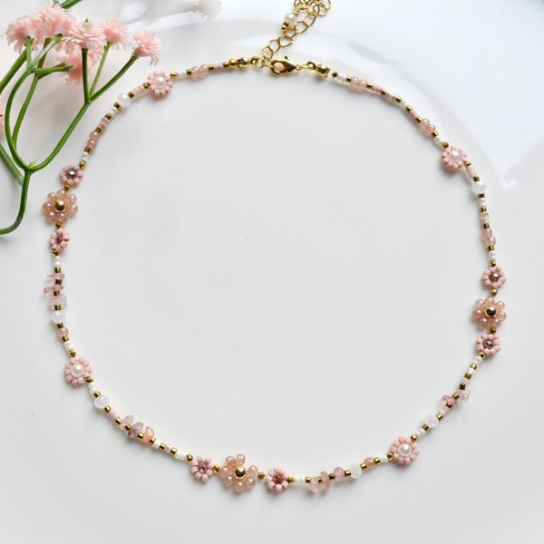 Handmade flower necklace, Daisy Summer Necklace, Rocailleperlen Kette, Glassperlenkette, gift ideas for woman, Gifts for her