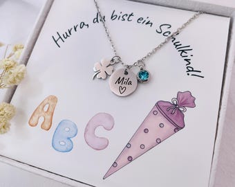 Schulkind Kette mit Kleeblatt-Geschenk zur Einschulung-Kleeblatt zum Schulstart-Geschenk Schulanfang-Schulkette-Mutmacher-Idee für Schultüte
